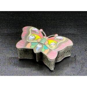 Vintage Butterfly Pewter Trinket Box Enamel Detail Jewelry Keepsake Micro Mini